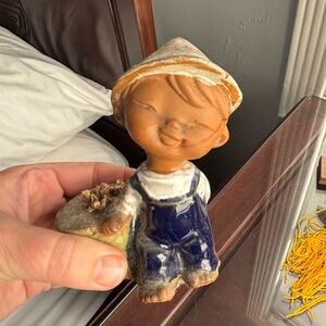 Charming Ceramic Boy Figurine in Blue and Brown